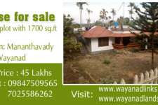 20 cent plot with 1700 sq.ft house for sale at Mananthavady.